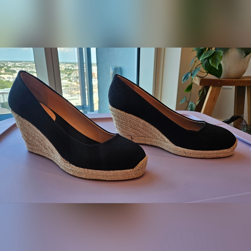 J.Crew Black Canvas Rounded Toe Wedge Espadrilles